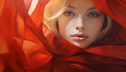 Abstract portrait of blonde woman under red vail