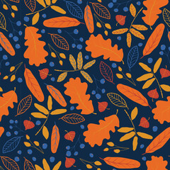 Bright autumn seamless pattern. Leaves, twigs, berries autumn fall. Beautiful autumn. Vector illustration