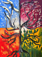 Beautiful illustration. Seasons. Tree in different seasons.
