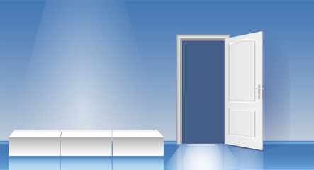 The interior of an empty room with a door and a white podium.
Free space for copying, 3d image.
