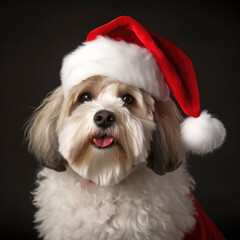 Little, cute dog wearing a santa claus costume