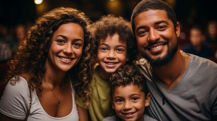 Cheerful multiracial family watching movie in cinema theater. Father, mother and two sons spending weekend together. Happy smiling parents and kids enjoying communication and shared leisure time.