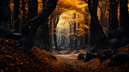 Beautiful forest in autumn with colorful fallen leaves in a surreal and fantastical view of beauty
