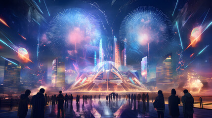 Wide shot of big gigantic fireworks in a futuristic metropolitan city full of wonders