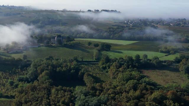 Aerial view of vineyard under fog, Langoiran, Gironde, France, High quality 4k footage