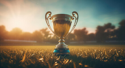 The winner's cup stands in the grass - obrazy, fototapety, plakaty