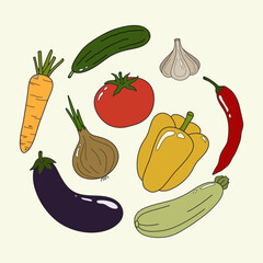 Vegetable set. Sweet bell pepper, tomato, cucumber, onion, garlic, carrot, chili pepper, zucchini, eggplant. Organic farm products. Hand drawn vector illustration.