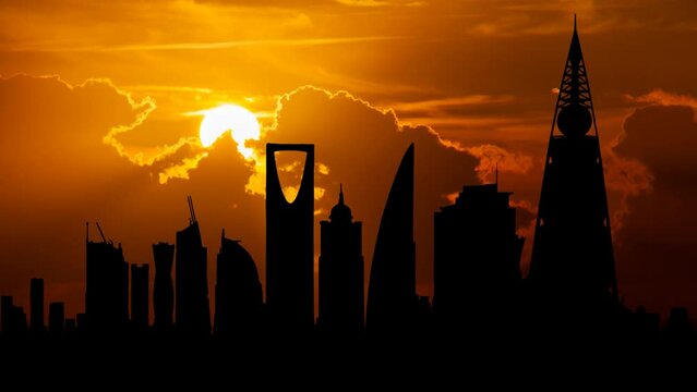 Saudi Arabia: Riyadh  Kingdom Tower at Sunset, Time Lapse with Red Sun and Fiery Sky