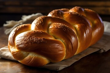 Freshly baked challah bread. AI Generated.