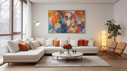 Modern living room with sofa and abstract art. Spray-painted graffiti on the wall. Large bright window. Carpet and a chair.