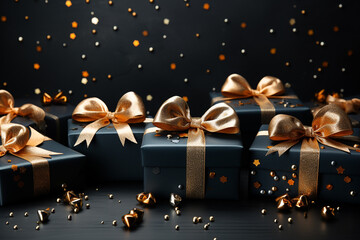 Naklejka premium Black Friday black gifts boxes. New Year and Christmas background