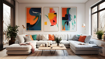 Modern living room with sofa and abstract art. Spray-painted graffiti on the wall. Large bright window. Carpet and a chair.