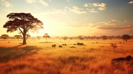 Beautiful summer savanna with a tree at sunset. African Safari landscape. Aerial shot of summer drought lands.