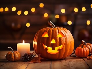 Sinister pumpkin as Halloween symbols tabletop home holiday decor. AI