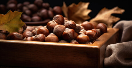 a tray with chestnuts and hazelnuts on it