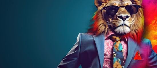 Animal lion portraits, Cool business animal in sunglasses and suit. With copy text space, wide screen. Simple background, Generative AI