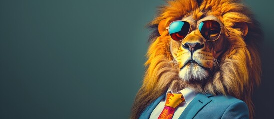 Animal lion portraits, Cool business animal in sunglasses and suit. With copy text space, wide screen. Simple background, Generative AI