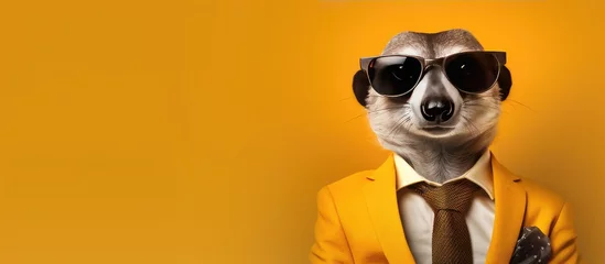 Tuinposter Animal meerkat portraits, Cool business animal in sunglasses and suit. With copy text space, wide screen. Simple background, Generative AI © dm