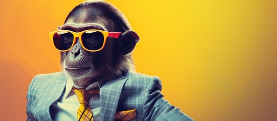 Animal monkey portraits, Cool business animal in sunglasses and suit. With copy text space, wide screen. Simple background, Generative AI - obrazy, fototapety, plakaty