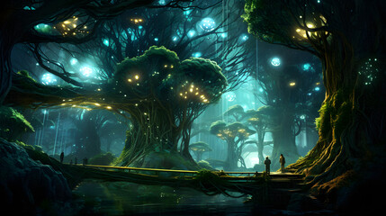 Magical forest in a fantasy world full of lush vivid colors, strange flora and glowing ethereal lights