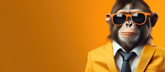 Animal monkey portraits, Cool business animal in sunglasses and suit. With copy text space, wide screen. Simple background, Generative AI