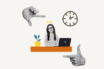 Collage artwork of funny young girl showing fingers frame employment time management using laptop isolated on white color background