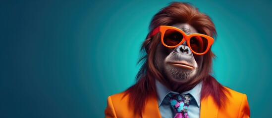 Animal orangutan portraits, Cool business animal in sunglasses and suit. With copy text space, wide screen. Simple background, Generative AI