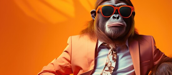 Animal orangutan portraits, Cool business animal in sunglasses and suit. With copy text space, wide screen. Simple background, Generative AI