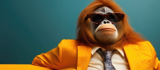 Animal orangutan portraits, Cool business animal in sunglasses and suit. With copy text space, wide screen. Simple background, Generative AI