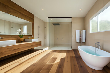 Fototapeta na wymiar Large furnished bathroom in luxury home with wooden floors, shower and tub. Bathroom interior