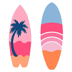 Surfing board vector set. Surfboard with palm and sunset