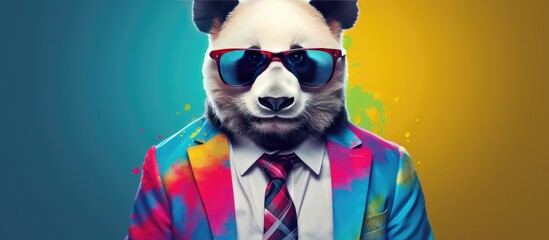 Animal panda portraits, Cool business animal in sunglasses and suit. With copy text space, wide screen. Simple background, Generative AI