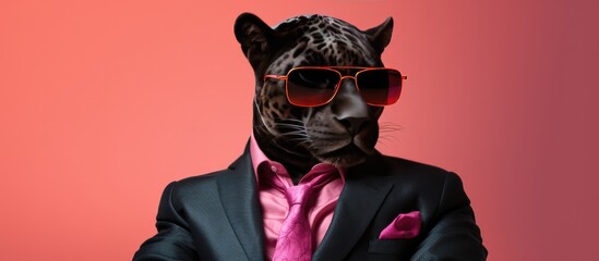 Animal panther portraits, Cool business animal in sunglasses and suit. With copy text space, wide screen. Simple background, Generative AI