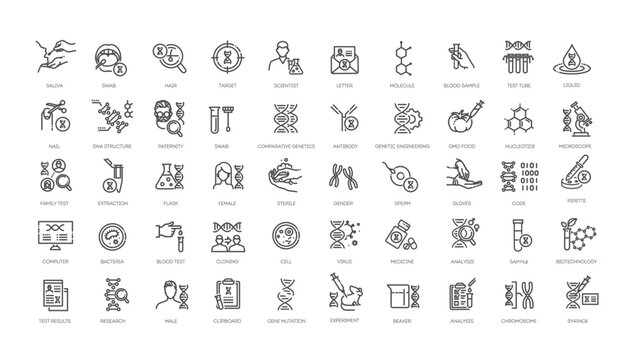 Set of dna test icons. Dna Laboratory Research Set Line Icon