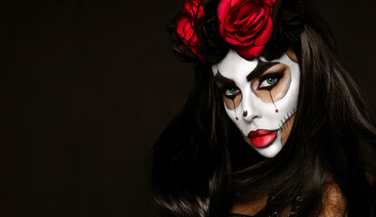 Portrait of a woman with sexy skull makeup over black background. Halloween costume and make-up. Portrait of Calavera Catrina