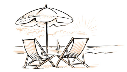 Beach chair with umbrella. Vintage drawing. - obrazy, fototapety, plakaty