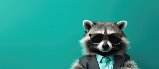 Animal racoon portraits, Cool business animal in sunglasses and suit. With copy text space, wide screen. Simple background, Generative AI