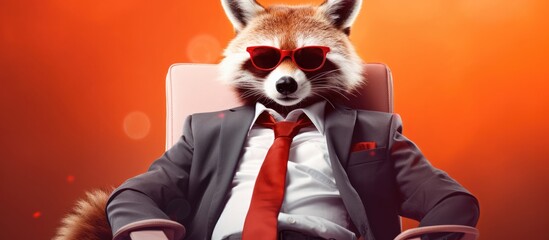 Animal redpanda portraits, Cool business animal in sunglasses and suit. With copy text space, wide screen. Simple background, Generative AI