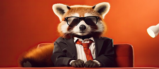 Animal redpanda portraits, Cool business animal in sunglasses and suit. With copy text space, wide screen. Simple background, Generative AI - obrazy, fototapety, plakaty