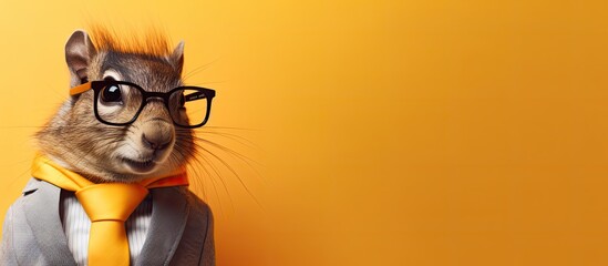 Animal squirel  portraits, Cool business animal in sunglasses and suit. With copy text space, wide screen. Simple background, Generative AI