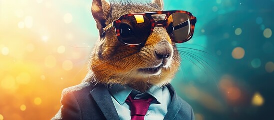 Animal squirel  portraits, Cool business animal in sunglasses and suit. With copy text space, wide screen. Simple background, Generative AI - obrazy, fototapety, plakaty