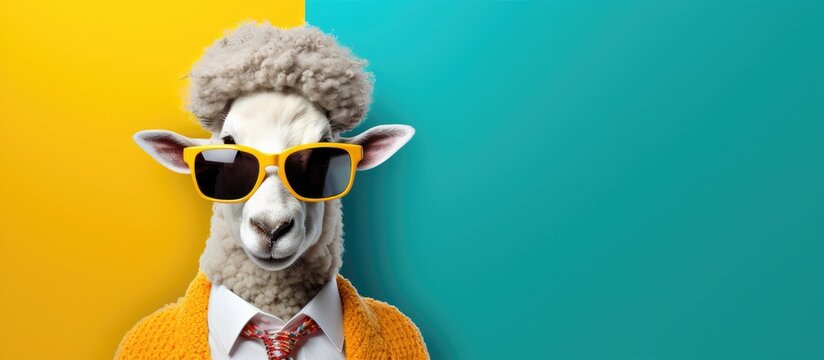 Animal sheep portraits, Cool business animal in sunglasses and suit. With copy text space, wide screen. Simple background, Generative AI