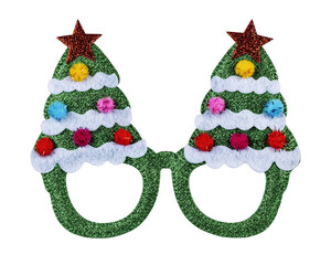 Funny Christmas theme party glasses. Front view, isolated cutout on transparent white background. Green with decorated trees and snow. © Nynke