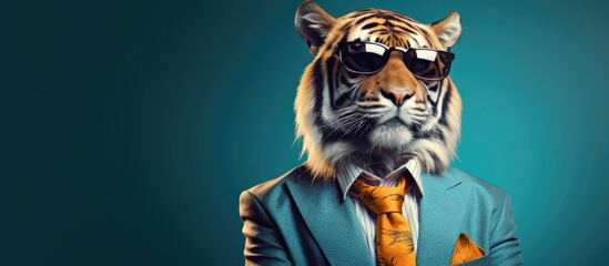 Animal tiger portraits, Cool business animal in sunglasses and suit. With copy text space, wide screen. Simple background, Generative AI