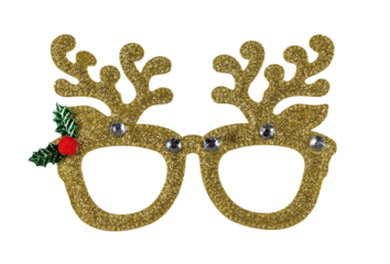 Funny Christmas theme party glasses. Front view, isolated cutout on transparent white background. Golden with antlers.