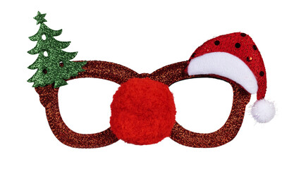 Funny Christmas theme party glasses. Front view, isolated cutout on transparent white background....