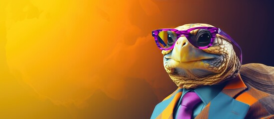 Animal turtle portraits, Cool business animal in sunglasses and suit. With copy text space, wide screen. Simple background, Generative AI