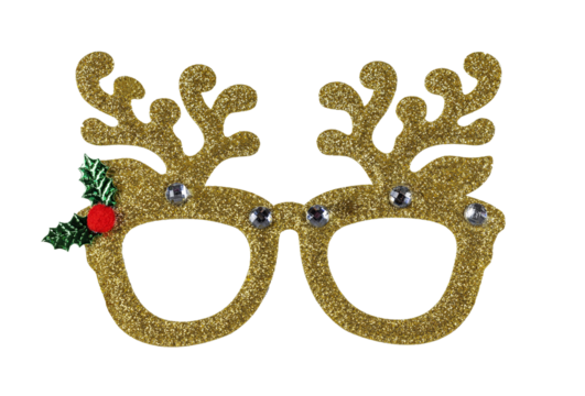 Funny Christmas theme party glasses. Front view, isolated cutout on transparent white background. Golden with antlers. - Powered by Adobe