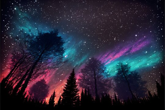 many tall black trees below starlit sky above glowing galaxies colorful auroras in the sky forest midnight color background super realistic hyper detailed dramatic lighting 8k 