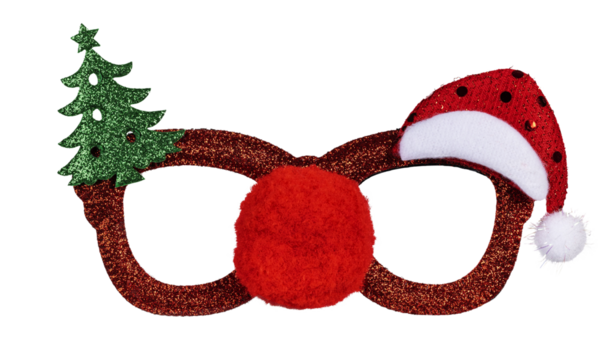 Funny Christmas theme party glasses. Front view, isolated cutout on transparent white background. Red with pompon nose, a christmas tree and a hat.